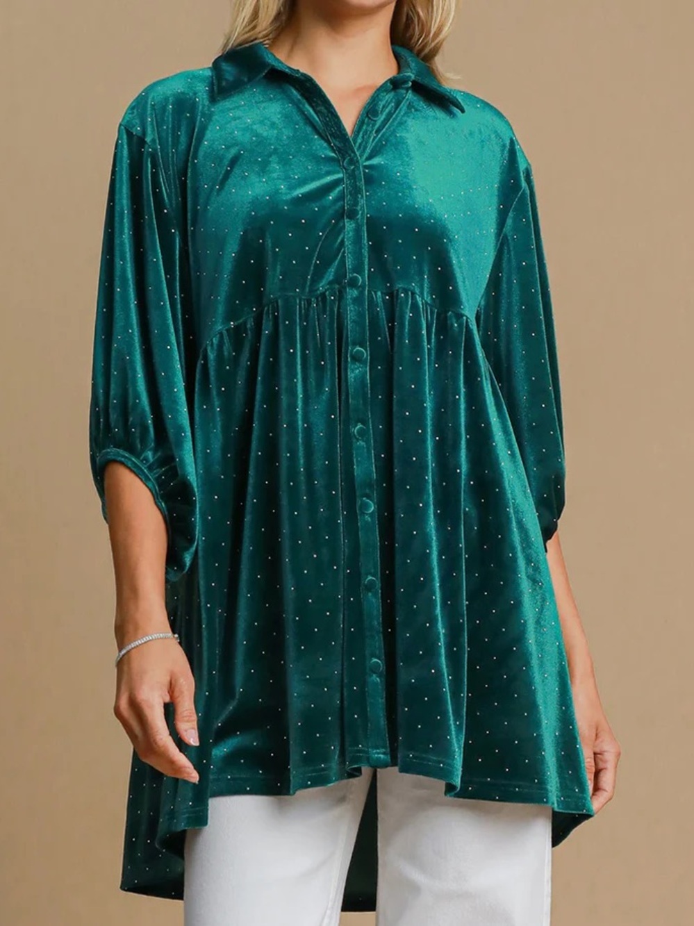 Umgee Green Velvet Sparkle Babydoll Tiered Button Up Top Bubble Sleeve Small